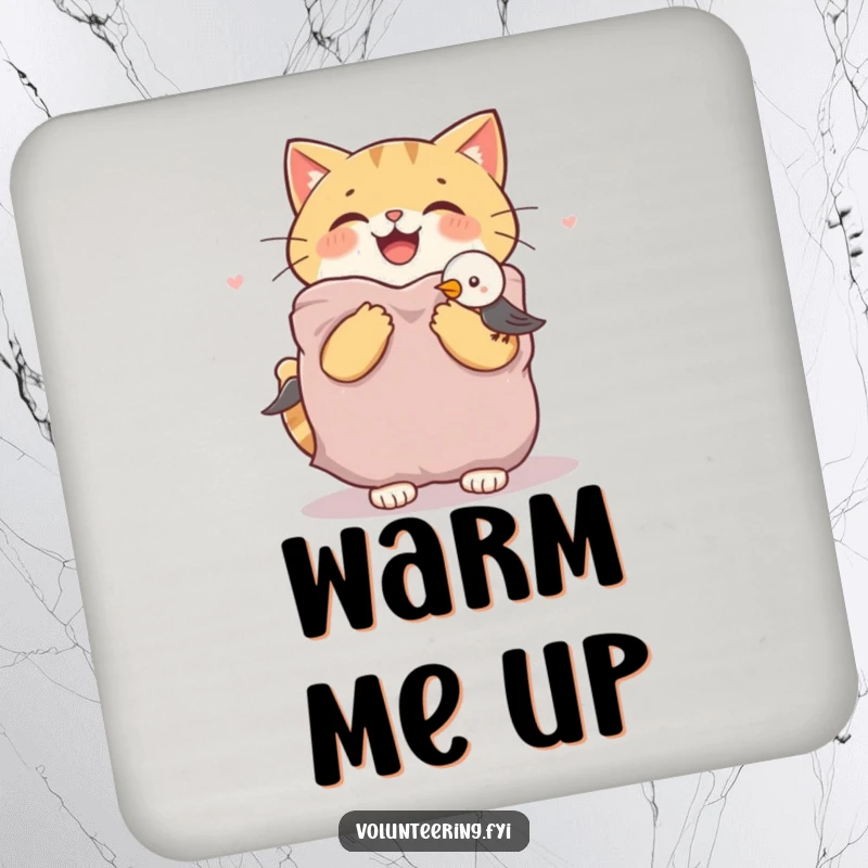 Funny cat and bird drink coasters showing a joyful cat offering a warm blanket to a shivering bird, protecting surfaces with cuteness.