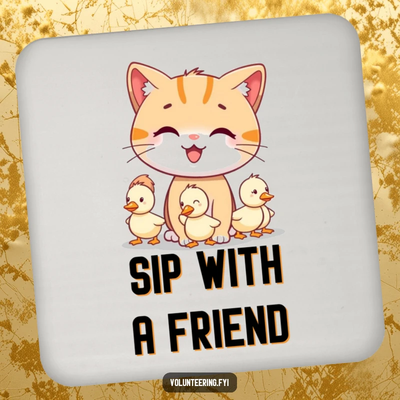 Funny smiling cat character guiding lost little ducklings on protective drink coasters, perfect funny gift.