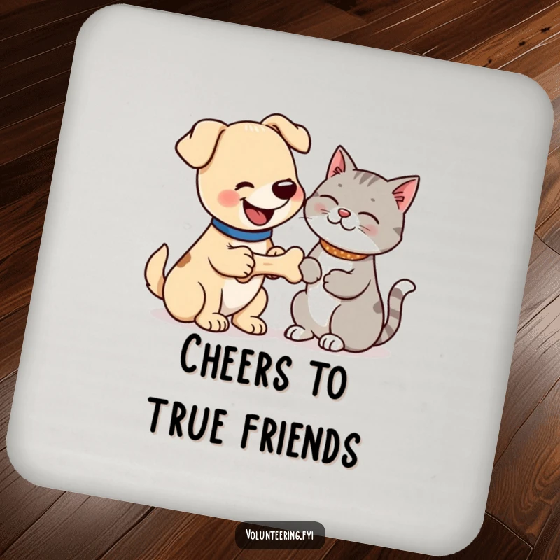 Funny coasters featuring a happy dog offering a bone to a grateful cat, protecting surfaces with whimsical and humorous pet art. Excellent funny gift.