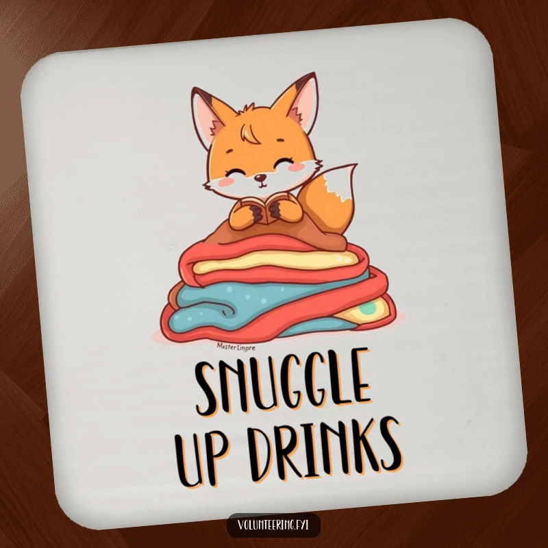 Funny Drink Coaster adorned with a playful fox character organizing colorful blankets, perfect for protecting tabletops with charm.