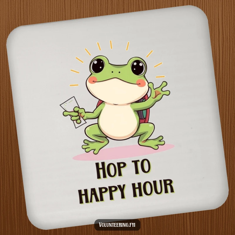 Funny frog drink coaster, a jumping frog with a backpack handing out flyers, a humorous household gift.
