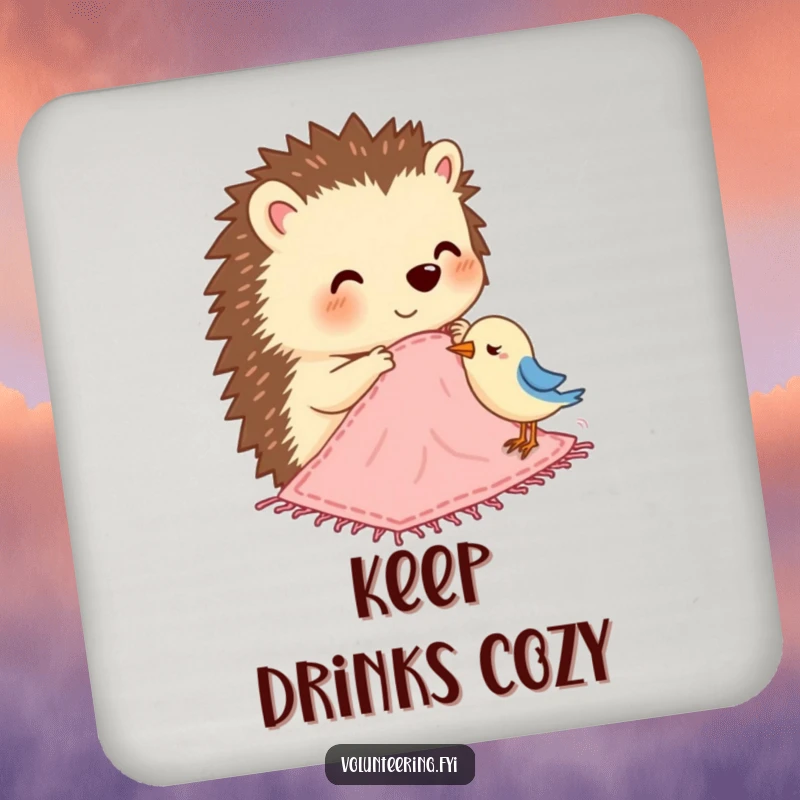Funny drink coaster with a happy hedgehog stitching a small blanket for a bird, perfect for protecting surfaces with humor.