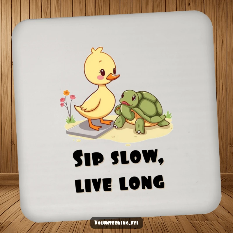Funny kawaii duckling drink coaster, showing a cute duckling helping an elderly turtle cross a path, protecting surfaces with care.