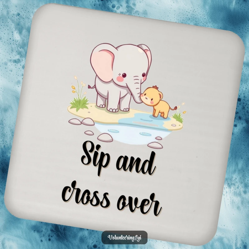 Funny kawaii elephant drink coaster, showing a cute elephant assisting a smaller animal across a stream, protecting surfaces with gentle care.
