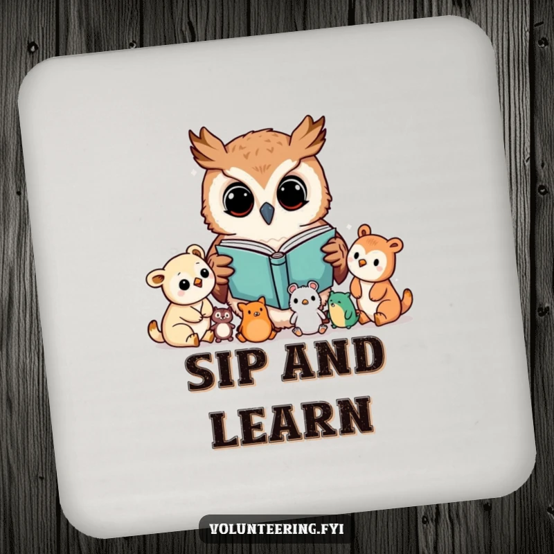 Funny drink coaster with a curious Kawaii owl reading a book to young animals, protecting surfaces with wisdom, a charming funny gift.
