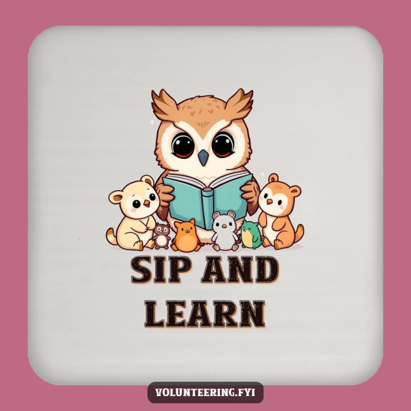 Funny Kawaii Owl Reading Coaster, Protect Surfaces wisdom, Tiny Gift