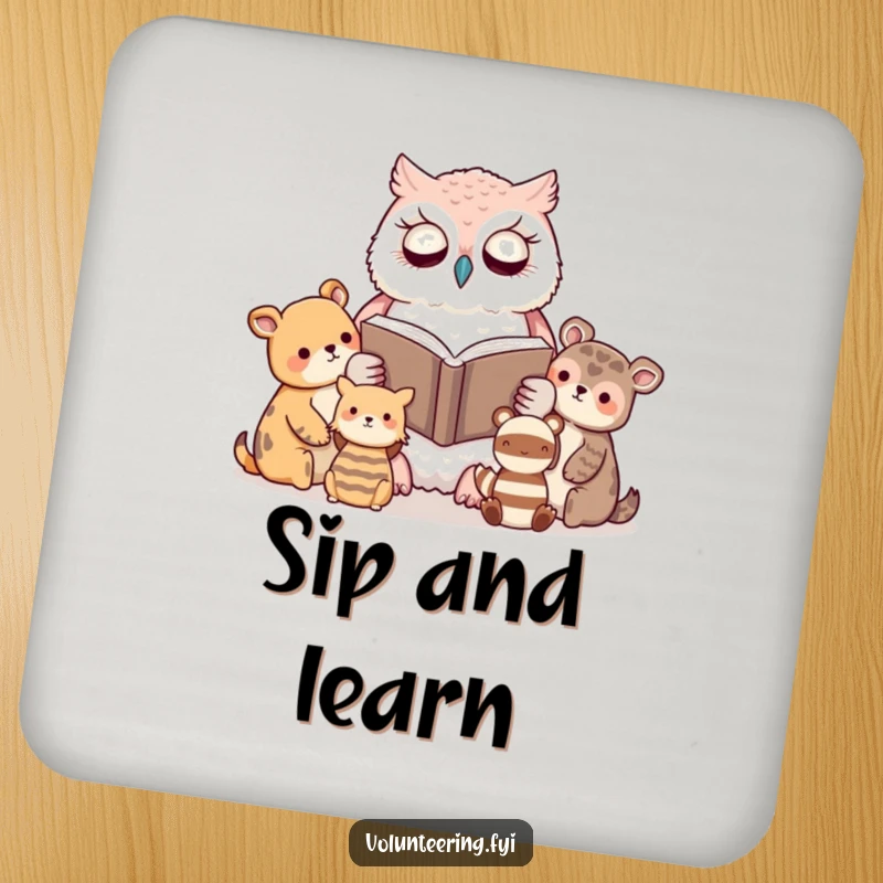 Funny coaster with a kawaii owl reading a book to attentive animal friends, adding a wise and humorous touch.