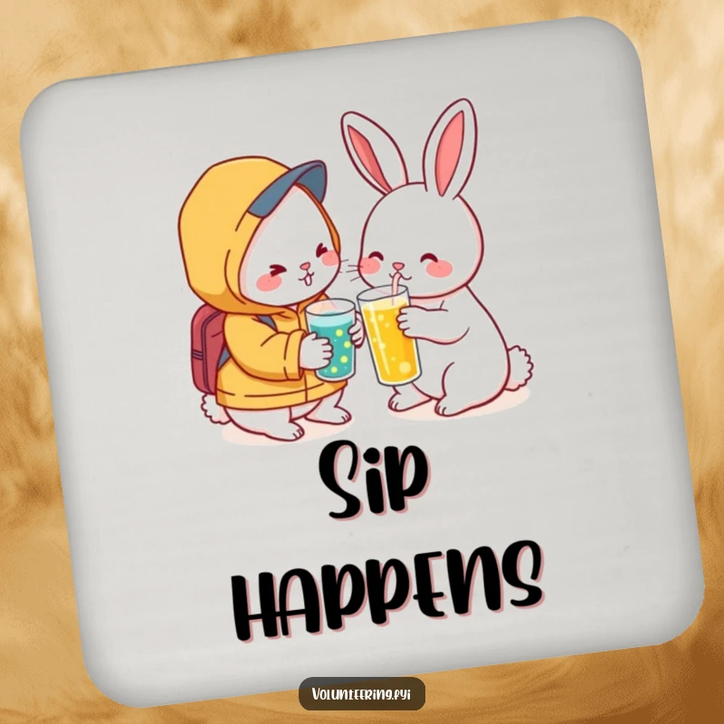 Funny Kawaii Rabbit Friendship Coaster Set: Cute coasters featuring a rabbit offering a drink, offering protection and a theme of friendship.
