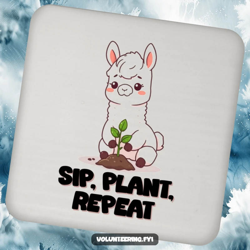 Funny llama drink coasters, a happy llama planting a sapling, adding a charming and protective touch to any coffee table or bar.