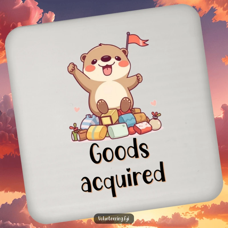 Funny coasters featuring an otter waving a flag from a pile of goods, protecting surfaces with humor.