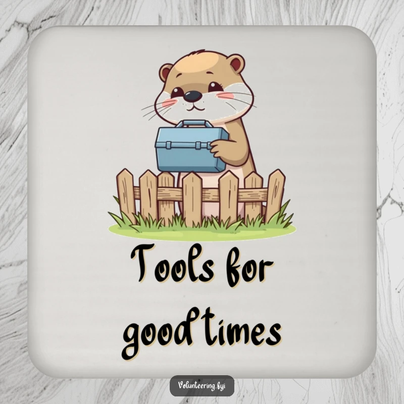 Funny drink coaster with a helpful otter passing a toolbox, protecting surfaces with a DIY theme.