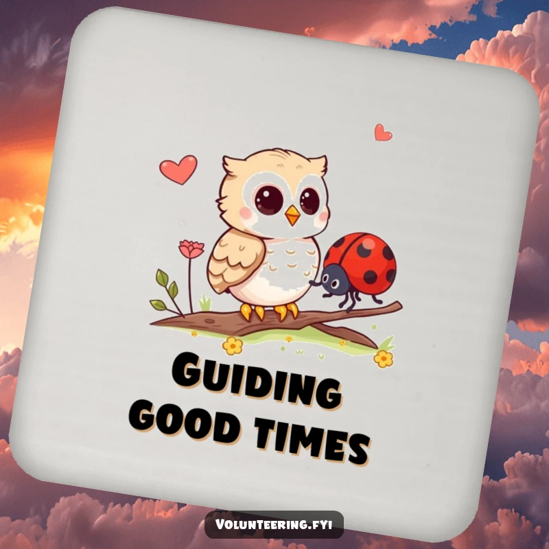 Funny drink coasters showing an owl guiding a ladybug, adding humor and protecting tables from spills.