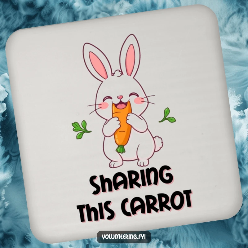 Funny drink coaster with a joyful rabbit happily sharing a large carrot, adding cute humor to tabletops.