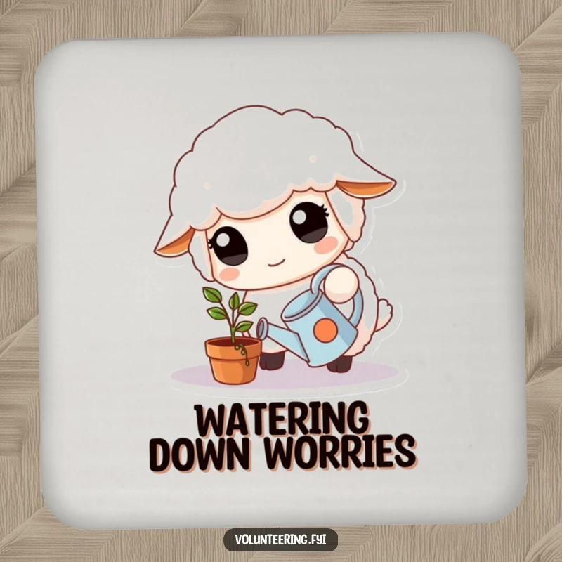 Funny Coaster: Fluffy white sheep with large, kind eyes carefully waters a small potted plant with a tiny watering can, protecting surfaces.