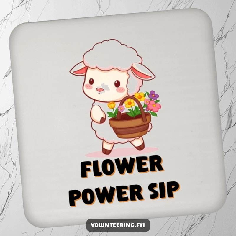 Funny coaster featuring a fluffy sheep carrying a basket of colorful flowers, a charming addition to any table.