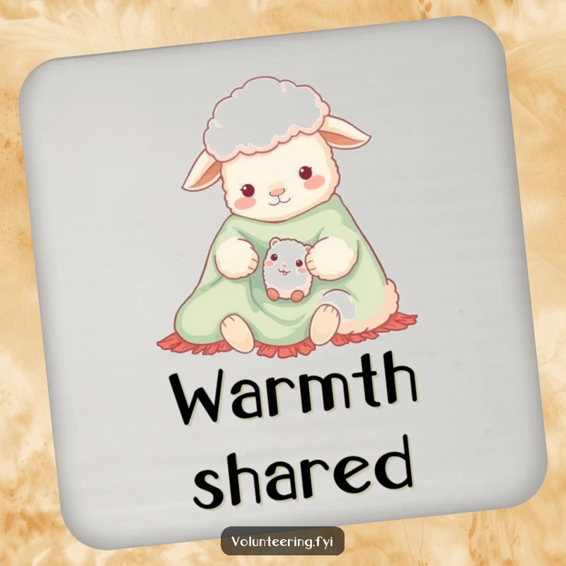 Funny drink coaster with a gentle sheep and a small creature sharing a bright blanket, protecting surfaces with a humorous and cozy image.