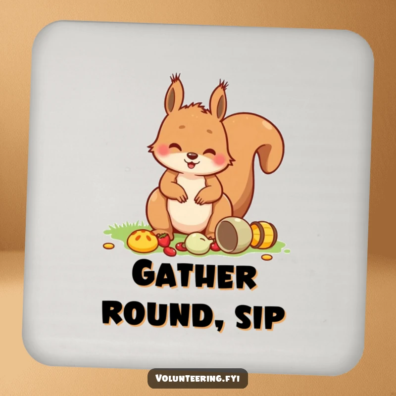 Funny Squirrel Picnic Drink Coasters depicting a playful squirrel tidying picnic items with a smile, protecting surfaces with charm.