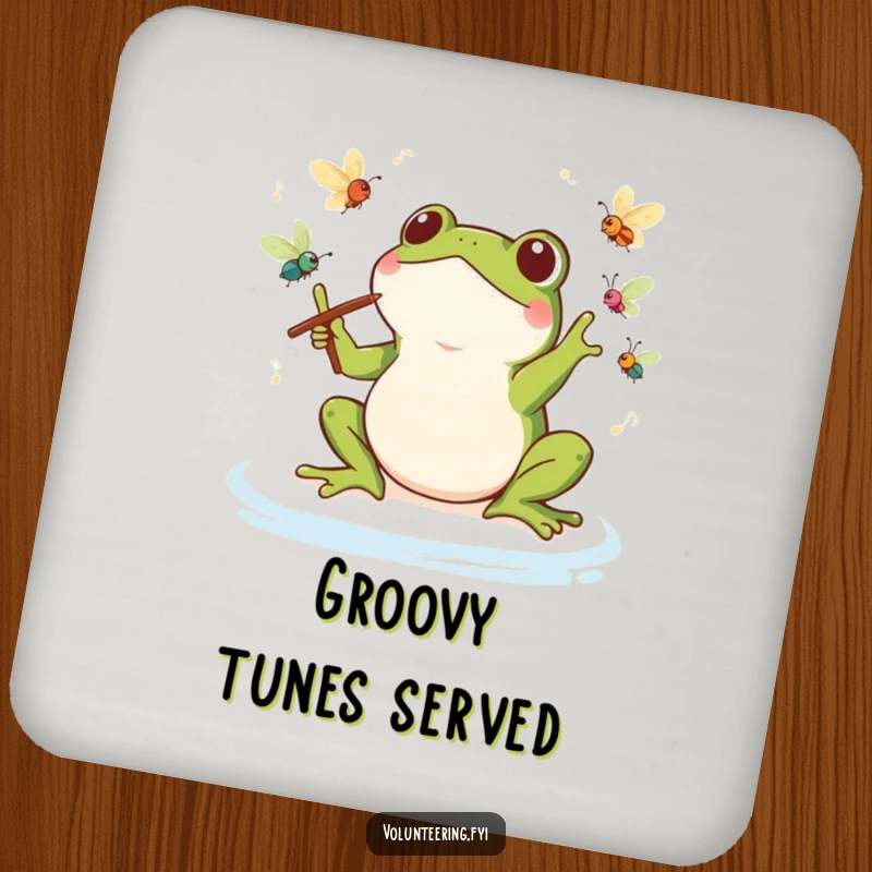 Funny Kawaii Frog Conductor Coaster Set: Cute coasters featuring a frog leading an insect orchestra, offering protection and musical charm.