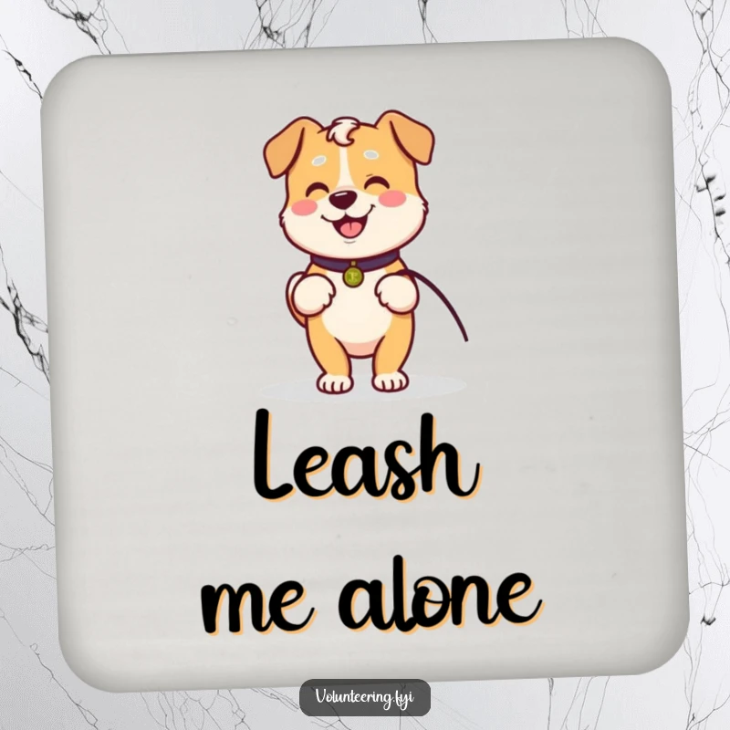 Funny drink coasters with a Kawaii dog holding a leash, ready to walk with an elder, offering surface protection.