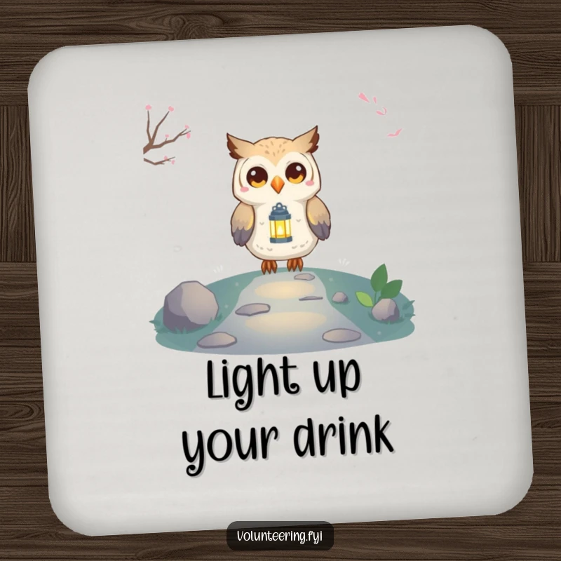 Funny Owl Lantern Coasters featuring a proud, smiling owl holding a small, glowing lantern, protecting surfaces with style and wisdom.