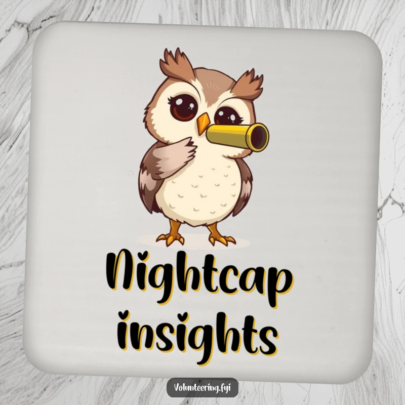 Funny Owl Coaster: Adorable owl with a telescope, representing curiosity and helpfulness, a fantastic funny gift.