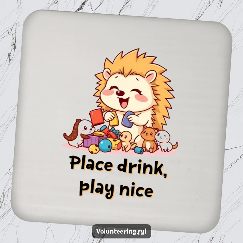 Funny Hedgehog Toy Sorter Coasters featuring a bouncy, happy hedgehog sorting toys for smaller creatures, protecting surfaces with charm.