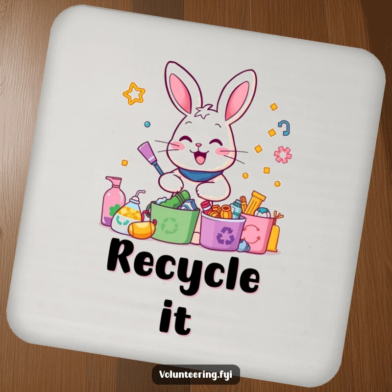 Funny Rabbit Recycling Coasters: A happy rabbit sorting colorful recyclables, offering humorous and eco-friendly protection for tables.