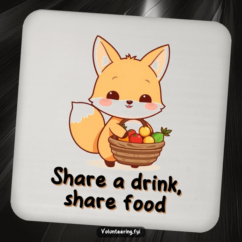 Funny Kawaii fox carrying a basket of food to share, cute coaster set for givers.