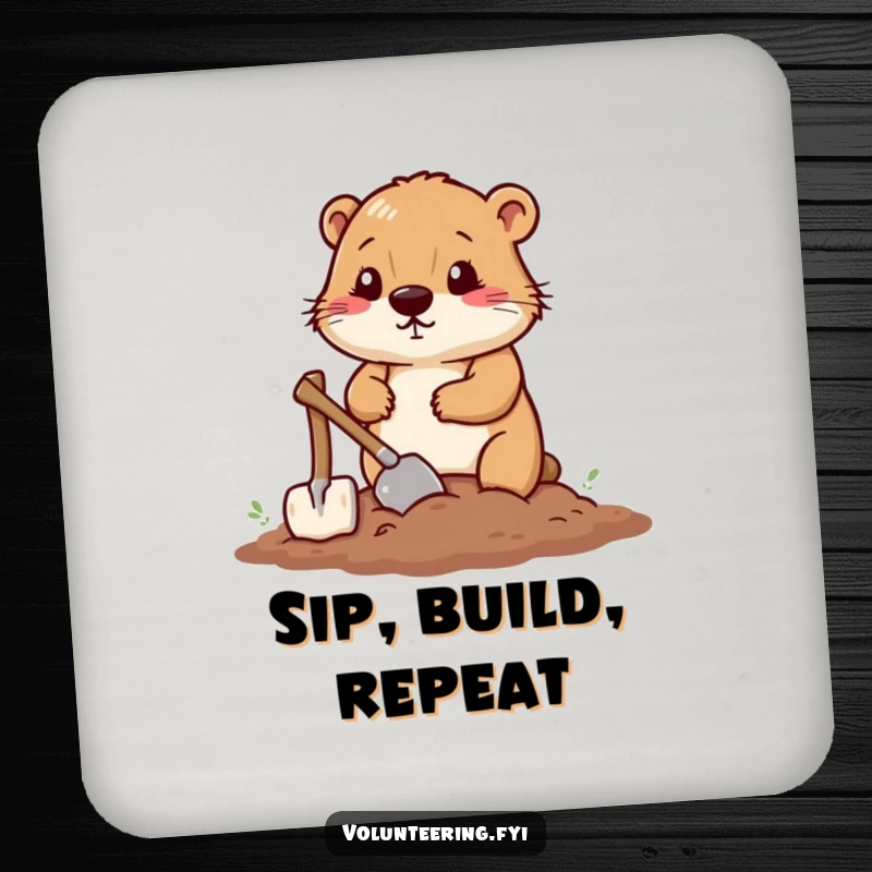 Funny coaster featuring a determined beaver smoothing soil with a tiny shovel, a charming addition to any table.