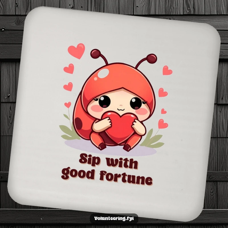 Funny coaster featuring a helpful red ladybug guiding newcomers, symbolizing kindness and humor.
