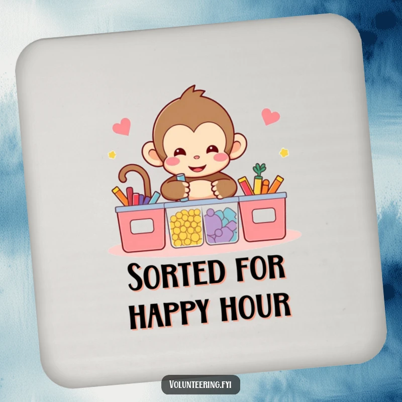 Funny kawaii monkey drink coaster, showing a cute monkey sorting colorful items into bins, protecting surfaces with a touch of tidiness.