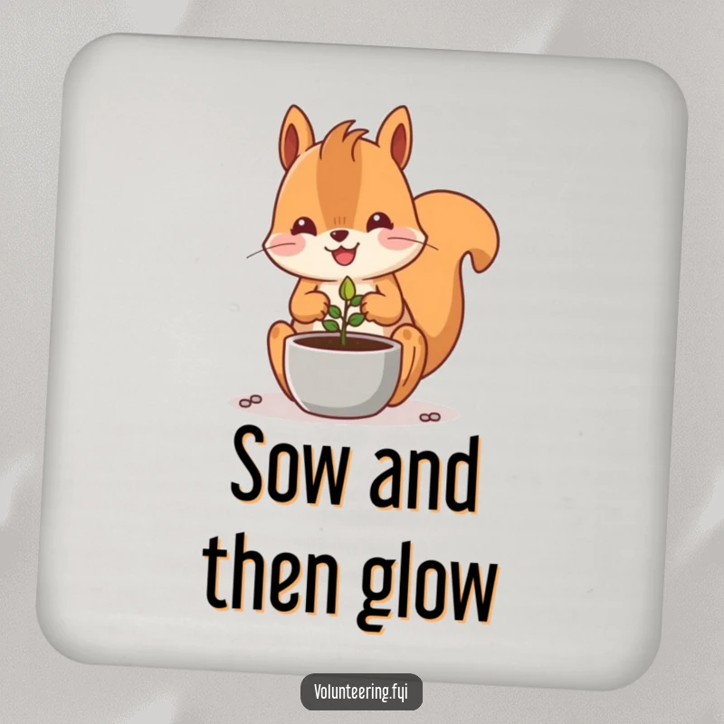 Funny Kawaii squirrel planting a seed in a pot, cute coaster set for gardeners.