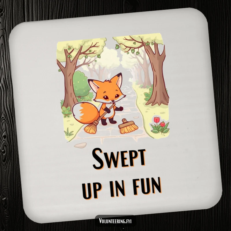 Funny fox coasters depicting a determined animal cleaning a park path, protecting surfaces with humor, ideal as a funny gift.