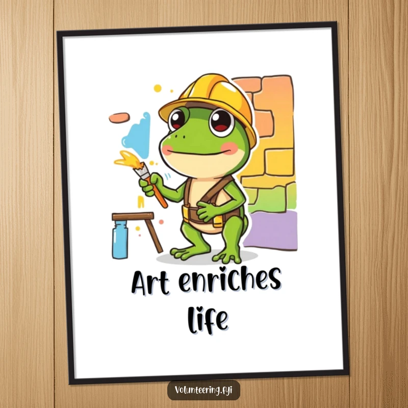 Funny poster of a diligent green frog in a hard hat painting a colorful mural, creating a visually inspiring and humorous piece of art.