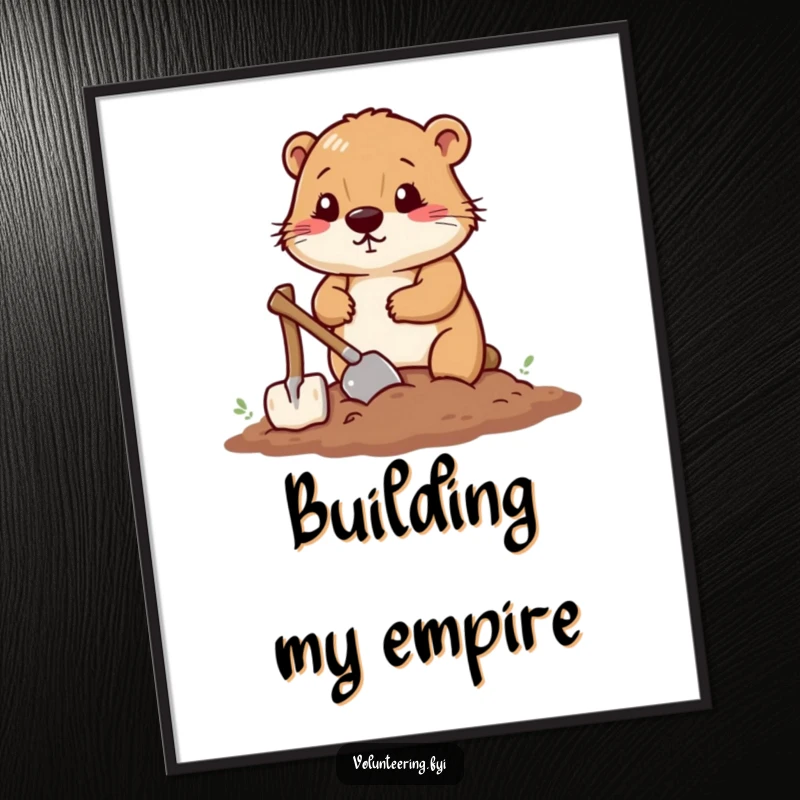 Funny poster art of a determined beaver smoothing soil with a small shovel, symbolizing hard work and dedication.