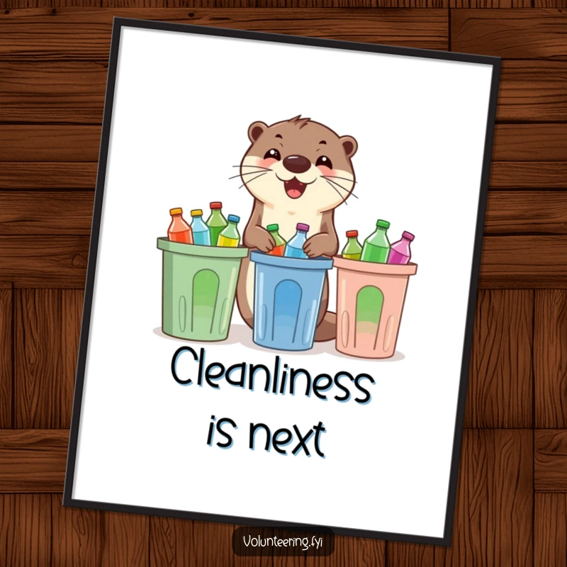 Funny otter poster, an enthusiastic otter sorting colorful plastic bottles into recycling bins, a vibrant piece of eco-friendly art.