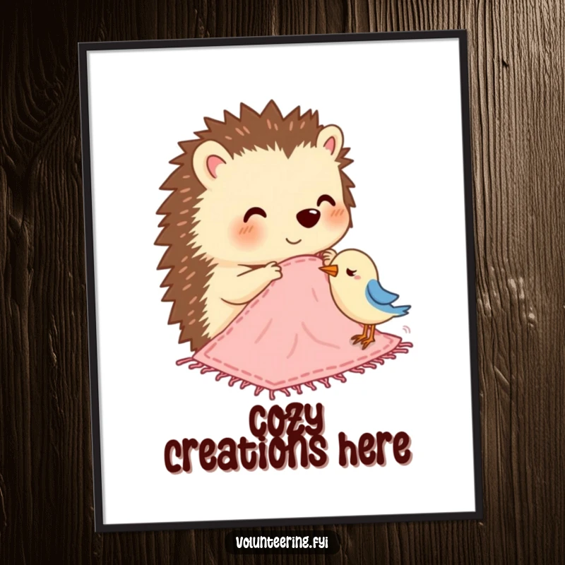 Funny poster of a happy hedgehog meticulously stitching a small blanket for a little bird, showcasing compassion.