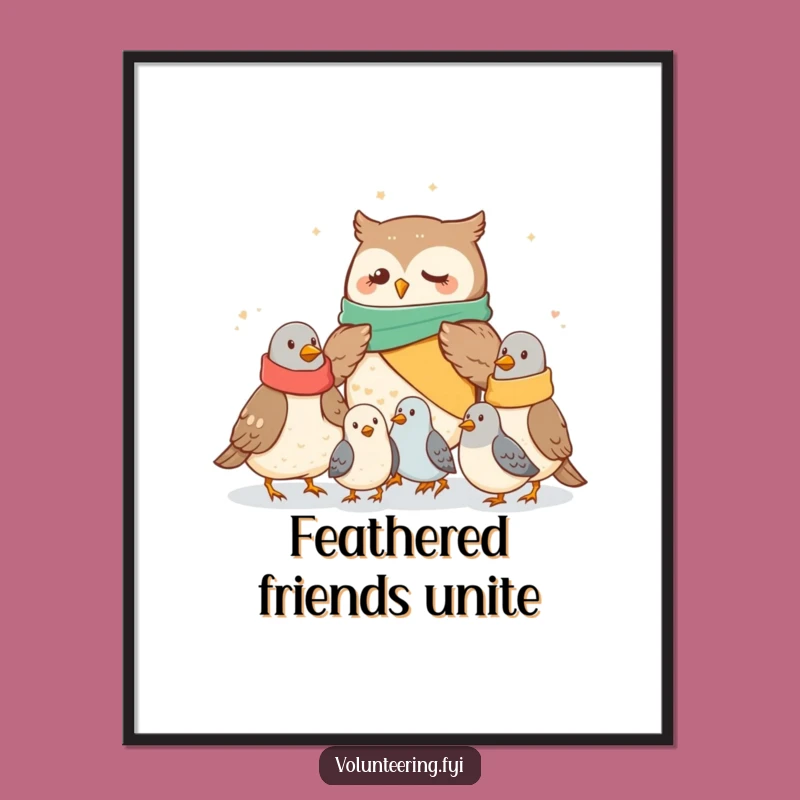 Heartwarming Funny Owl Poster: A Cozy Scene of Sharing with Pigeons