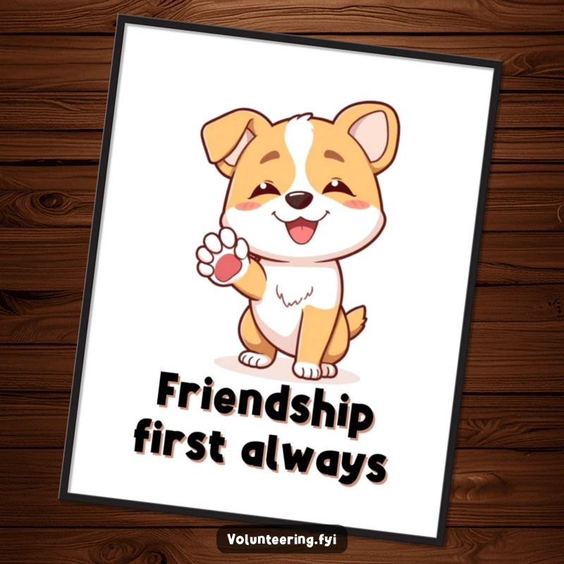 Funny joyful dog character offering a friendly paw to another dog, wall art poster, perfect funny gift.