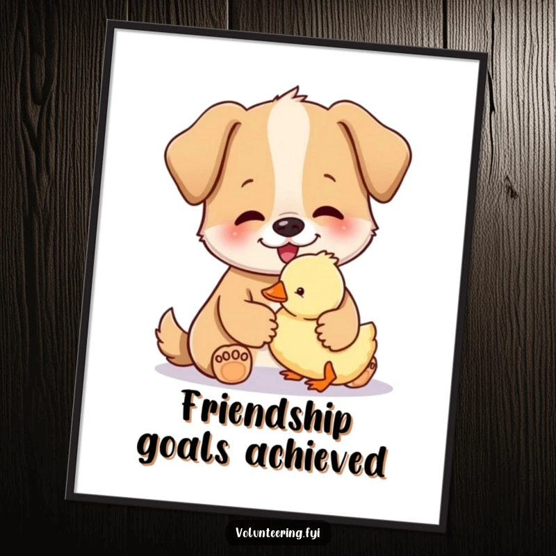 Funny poster art of a happy dog gently petting a small, fluffy duckling, showcasing a sweet interspecies bond.