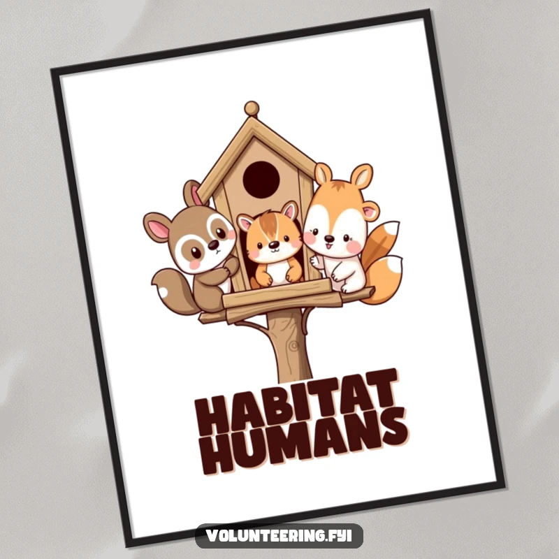 Funny poster art of diverse animal pals building a birdhouse, bringing a humorous and heartwarming scene to any wall.