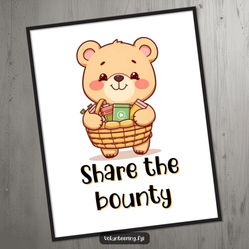 Funny poster of a grinning bear carrying a basket of donated items, symbolizing generosity and community spirit.