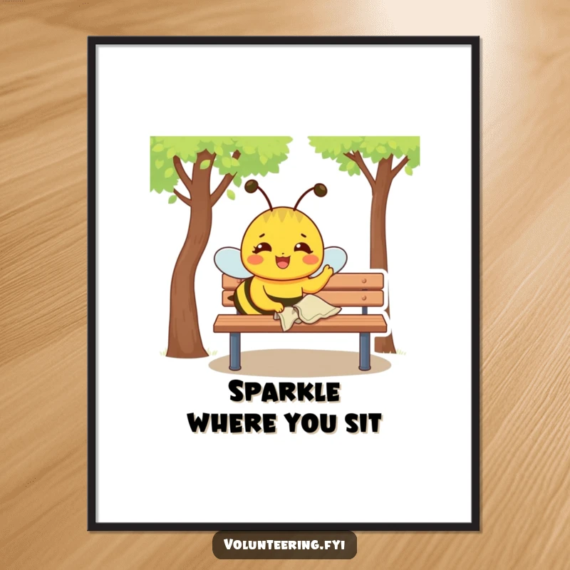 Funny Poster: Joyful yellow bee with a determined expression polishes a park bench with a small cloth, adding clean shine.