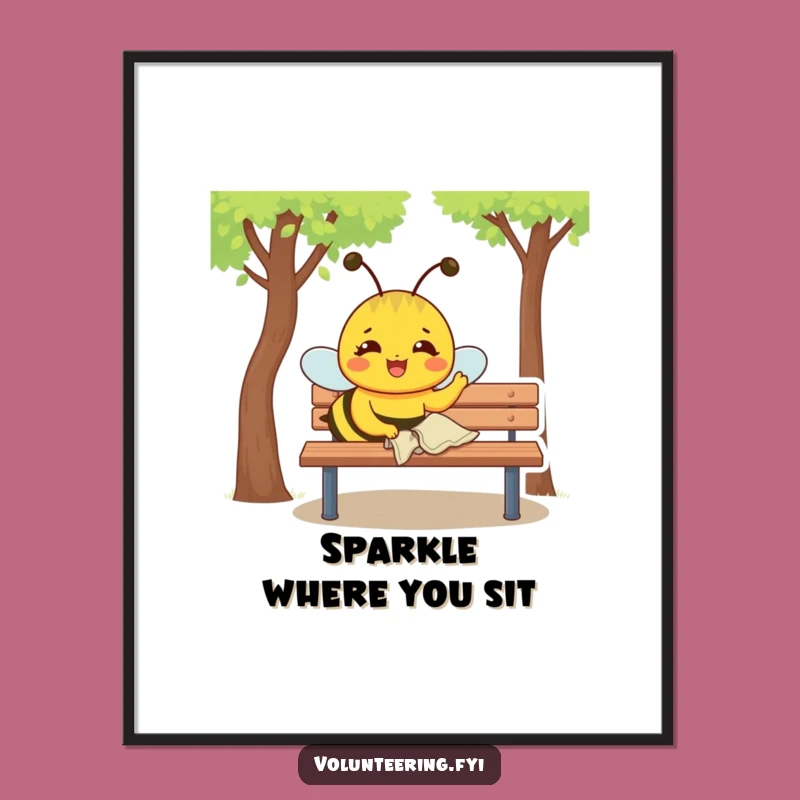 Funny Bee Poster: Joyful Bee Polishing Bench, Vibrant Funny Art Print