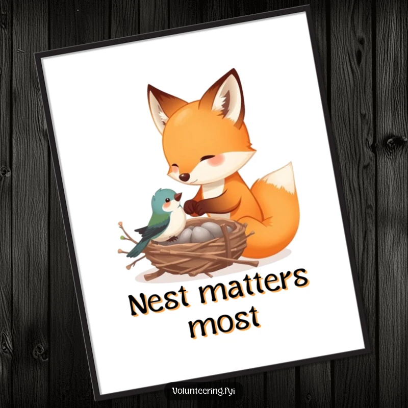 Funny fox poster, a playful fox helping a tiny bird build a nest with delicate twigs, adding a touch of woodland magic and friendship.