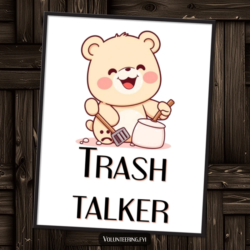 Funny Kawaii Bear Poster: Cheerful art print featuring a smiling bear cleaning litter, bringing humor and positivity to any space.