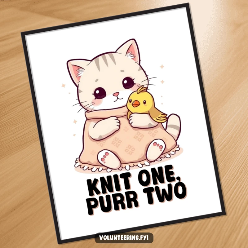 Funny Kawaii Cat Knitting Poster: Charming artwork of a cat knitting a blanket for a bird, evoking warmth and gentle humor.
