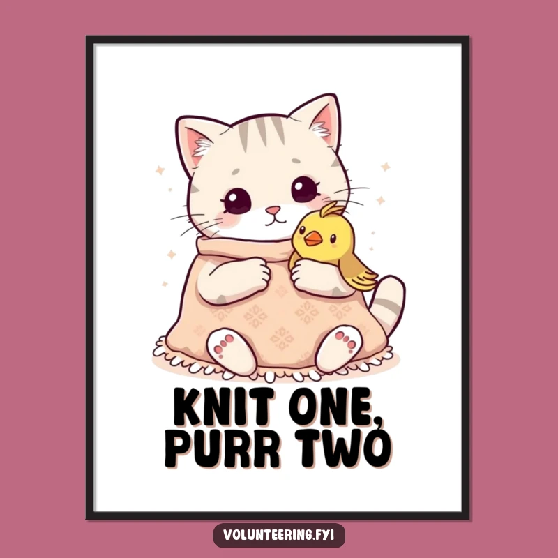 Funny Kawaii Cat Knitting Poster: Heartwarming Wall Art, Perfect Cute and Funny Gift