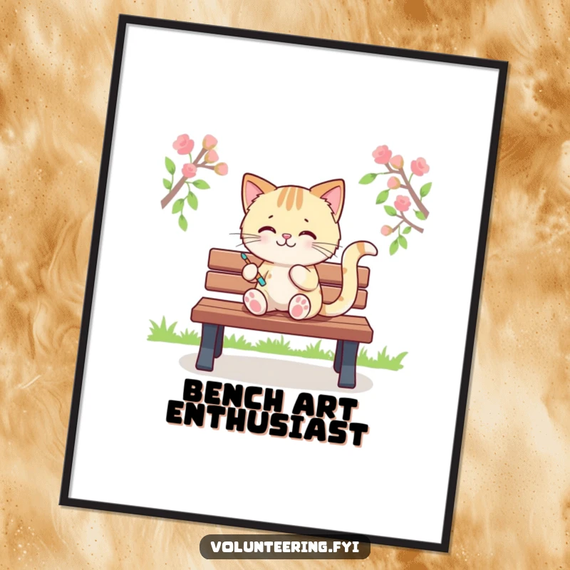 Funny poster of a Kawaii cat character painting colorful stripes on a park bench, whimsical art, charming wall decor, great funny gift.