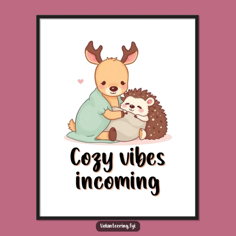 Funny Kawaii Deer & Hedgehog Art Print: Cozy Companionship Funny Gift